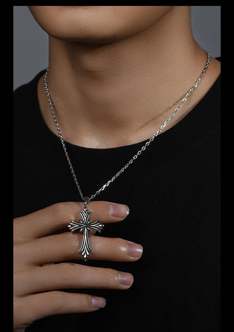 Minimal Cross Sterling Silver Biker Pendant — product detail view 3