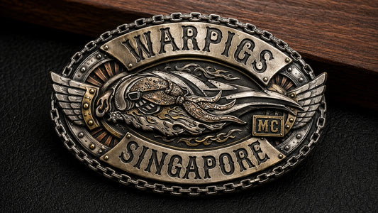 Warpigs motorcycle club identity rebuilt as a custom-shaped rocket-skull mixed-metal belt buckle.