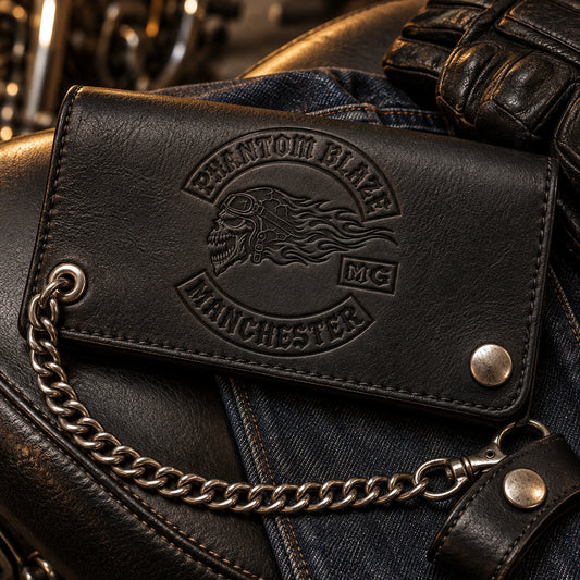 Long black biker wallet with a deep debossed Phantom Blaze Manchester club emblem and wallet chain.