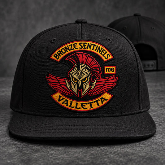 Structured motorcycle club snapback cap displaying an authorized embroidered club logo.