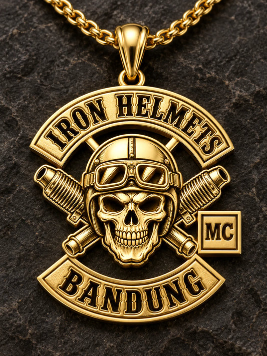 Solid 18K gold motorcycle club crest pendant inspired by the Iron Helmets Bandung logo.