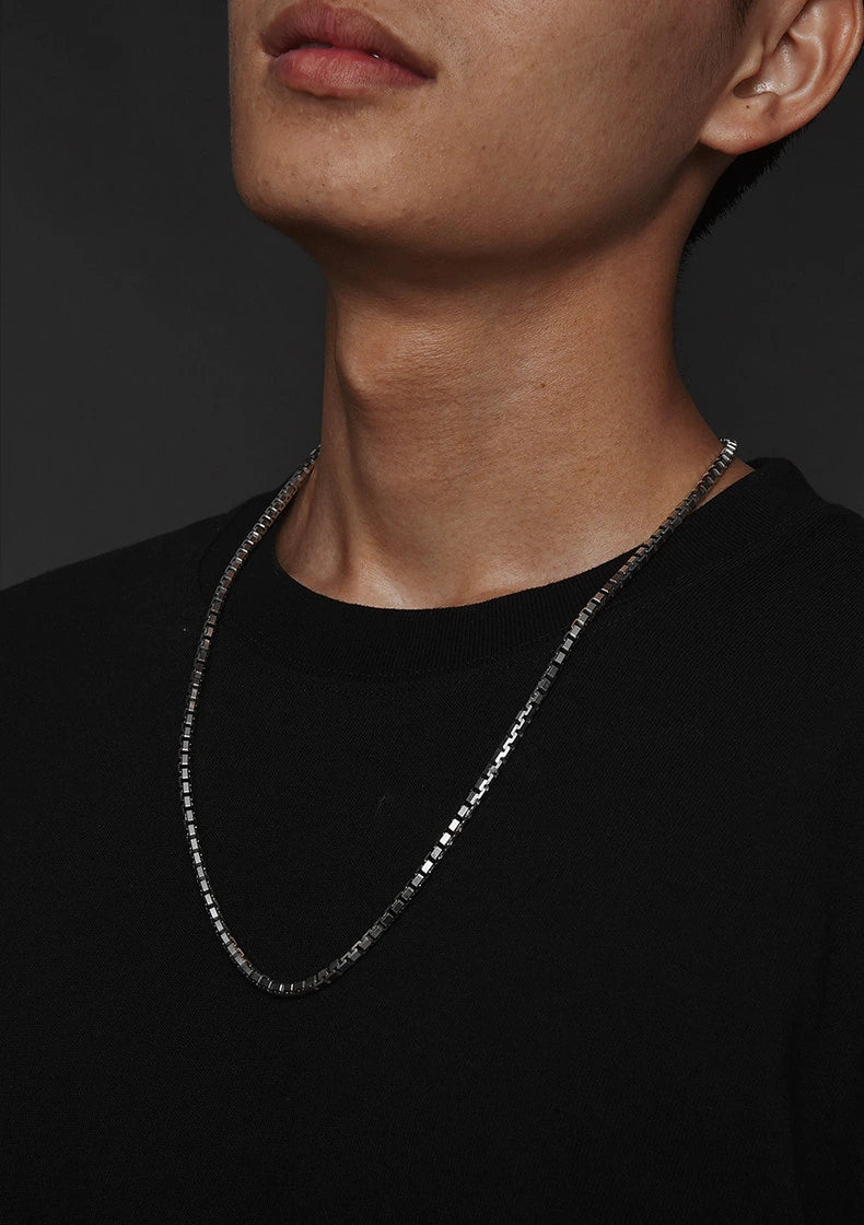 Thick Sterling Silver Box Chain Biker Necklace — product detail view 3