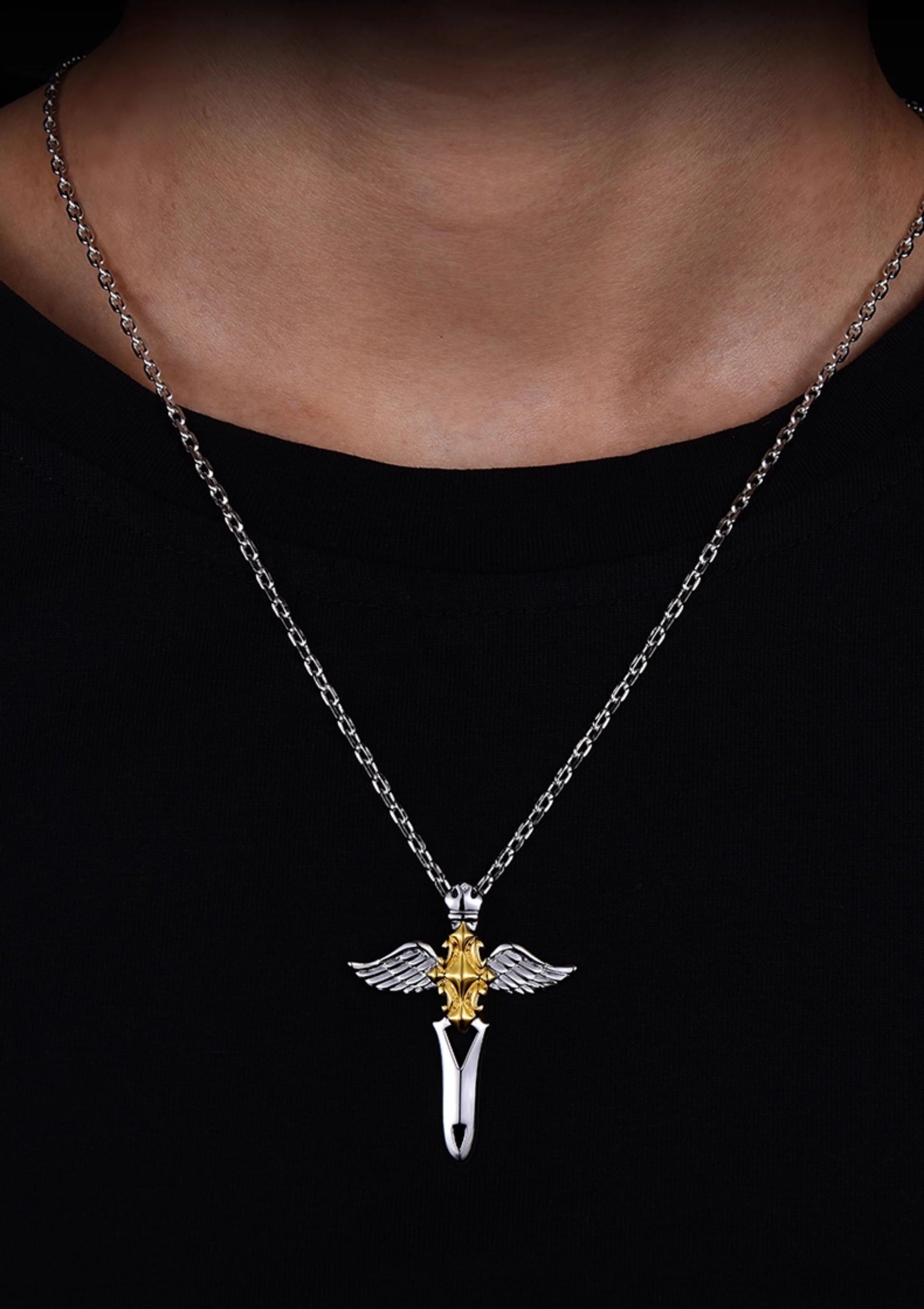 Two-Tone Angel Wing Cross Sterling Silver Biker Pendant — product detail view 3
