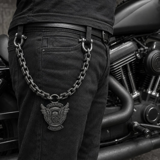 Pants chain attached between two belt loops featuring an authorized motorcycle club logo.