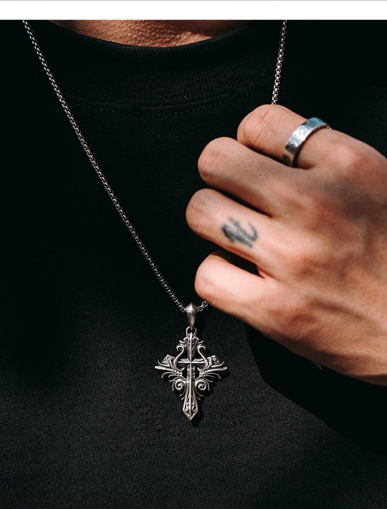 Vintage Fleur-de-Lis Cross Sterling Silver Biker Pendant — product detail view 3