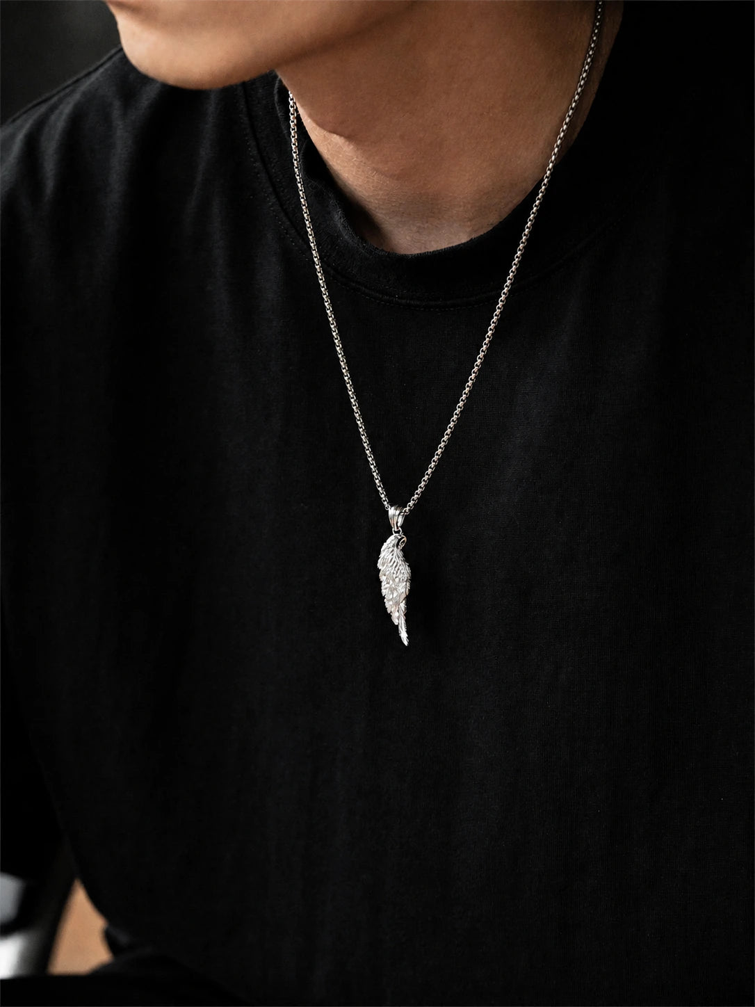 White Angel Feather Sterling Silver Biker Pendant — product detail view 3
