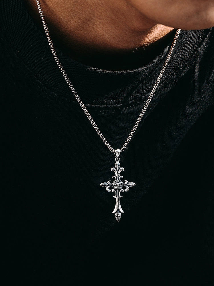3D Crown Cross Sterling Silver Biker Pendant — product detail view 4