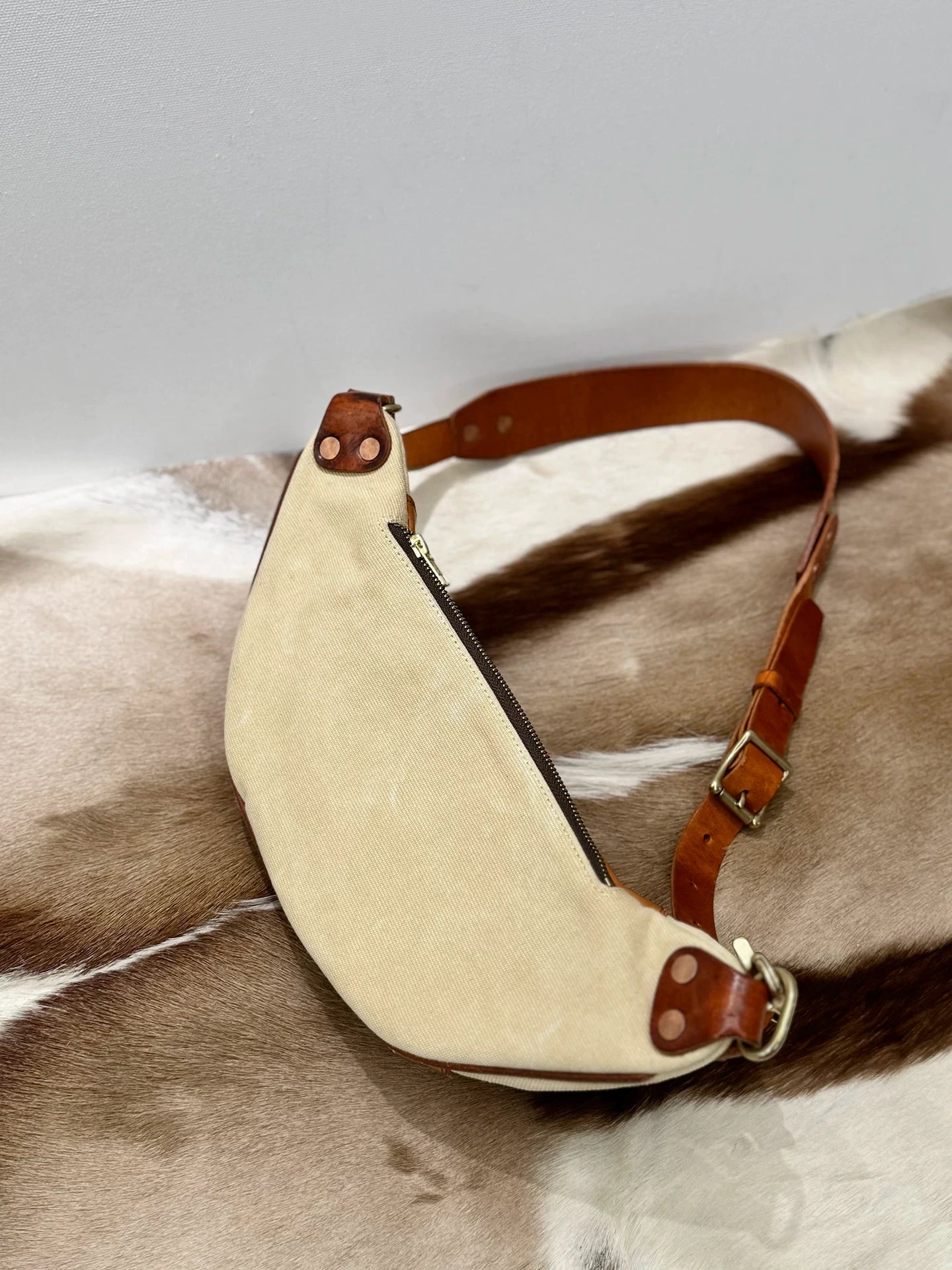 high-oil vegetable-tanned leather and canvas biker sling bag 4