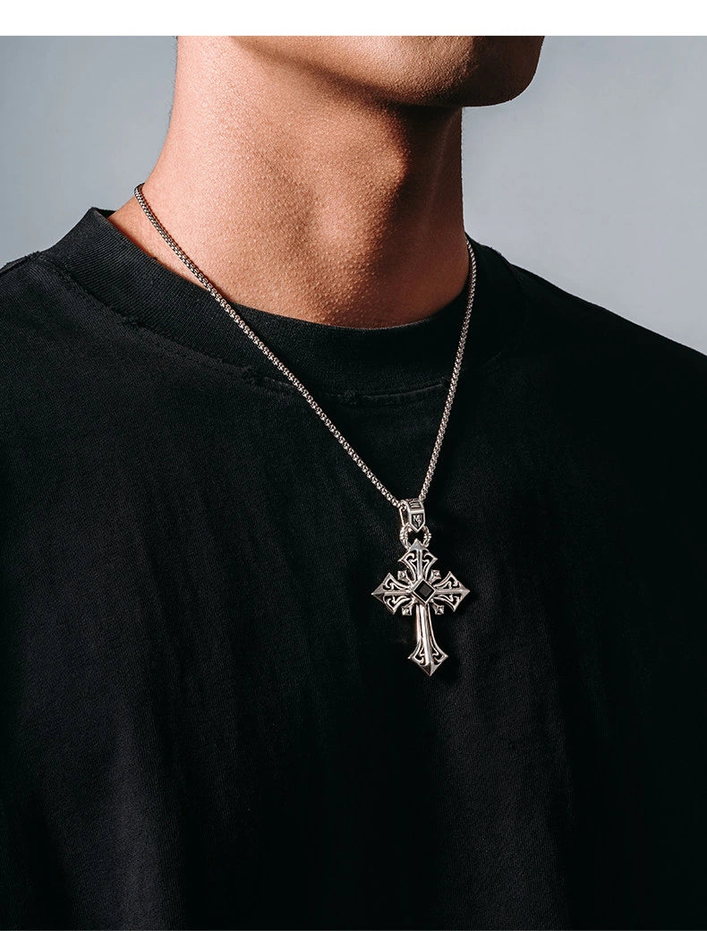 Black Onyx Large Cross Sterling Silver Biker Pendant — product detail view 4