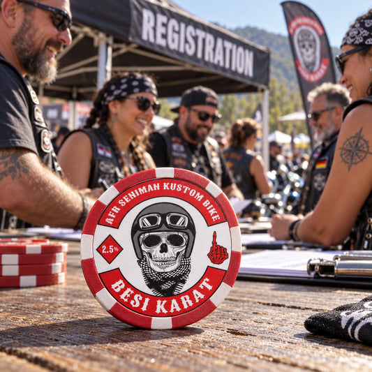 Solid motorcycle rally poker chip displayed at an annual rider gathering.