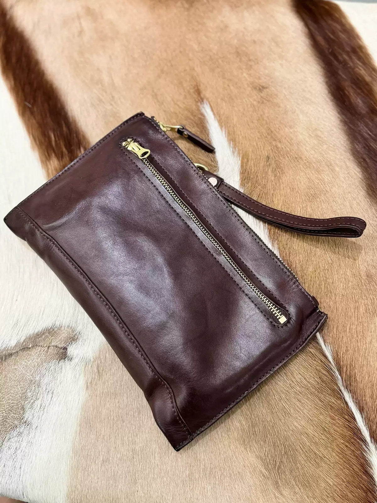 distressed leather clutch & phone pouch 4