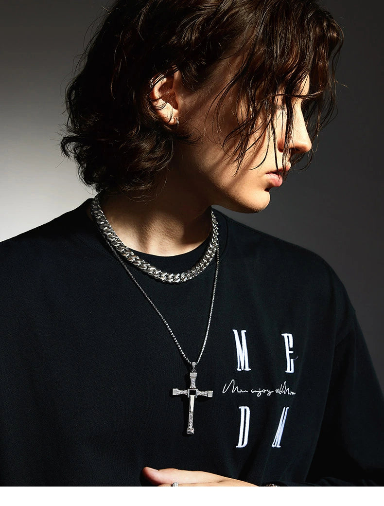 Engravable Large Cross Sterling Silver Biker Pendant — product detail view 4