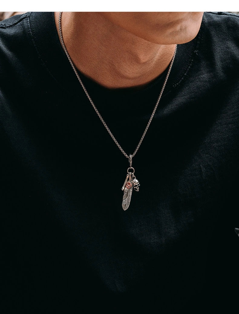 Feather Skull Sterling Silver Biker Pendant — product detail view 4
