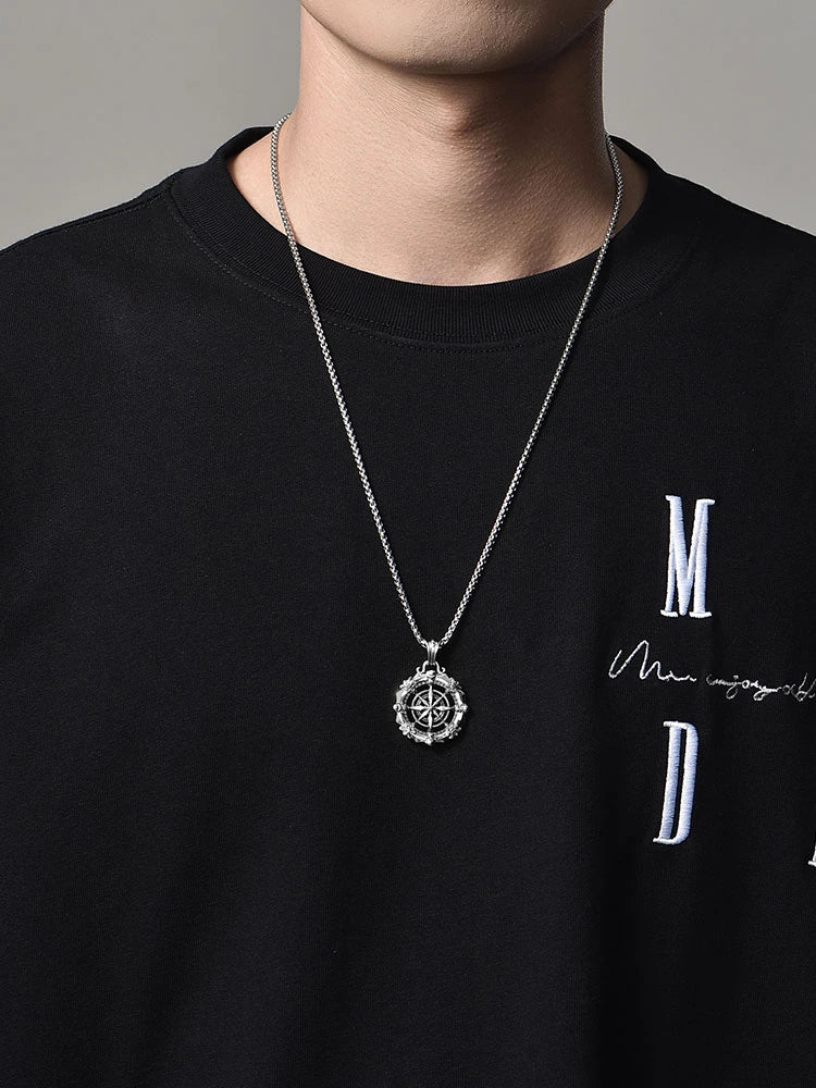 Fleur-de-Lis Compass Sterling Silver Biker Pendant — product detail view 4