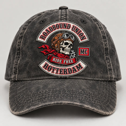 heavy washed motorcycle club vintage dad hat with an authorized club logo.