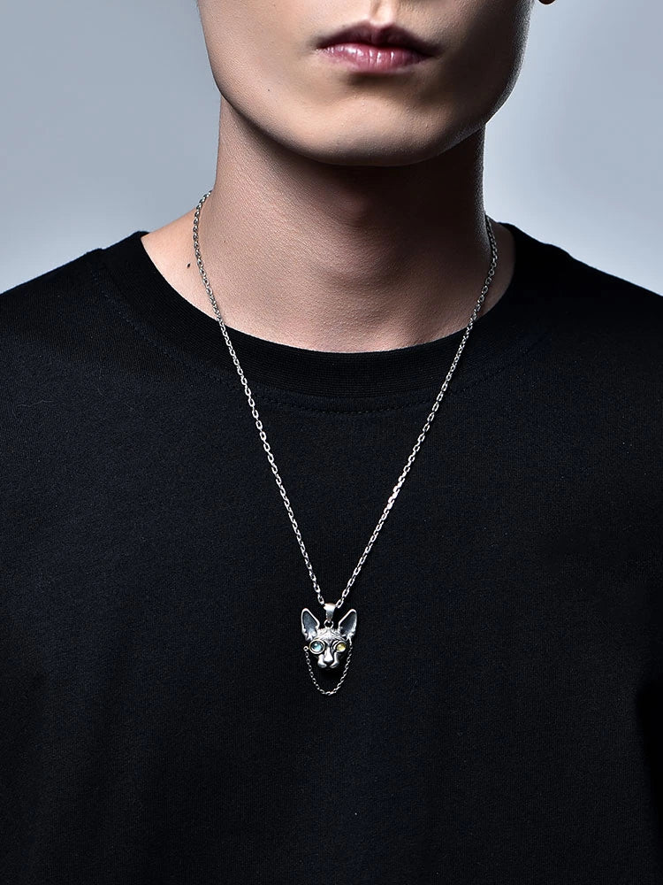 Mechanical Sphynx Cat Sterling Silver Biker Pendant — product detail view 4