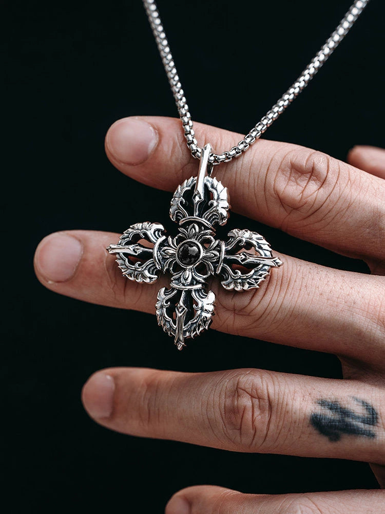 Micro-Engraved Vajra Cross Sterling Silver Biker Pendant — product detail view 4