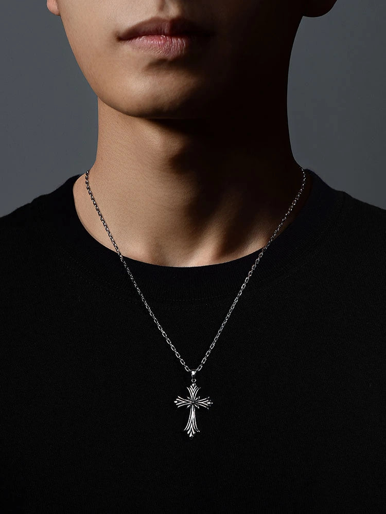 Minimal Cross Sterling Silver Biker Pendant — product detail view 4
