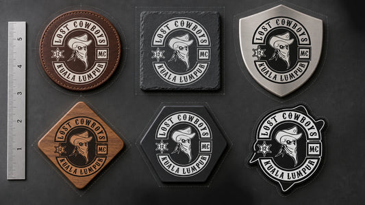 Solid motorcycle club coasters shown in round, square, shield, diamond, hexagon and custom shapes.