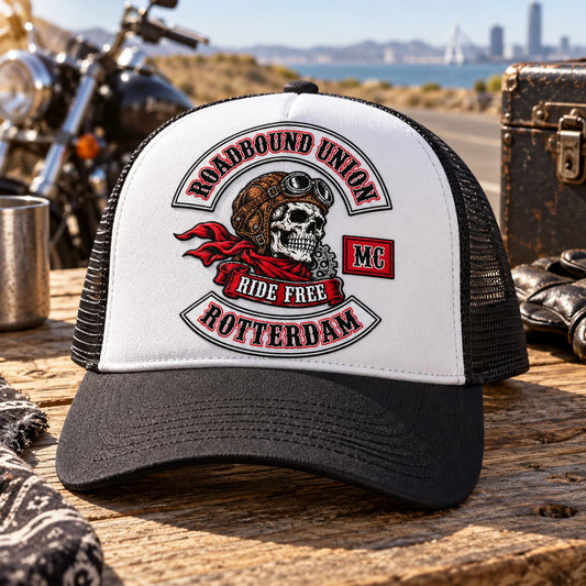 Mesh-back motorcycle club trucker cap with an authorized club logo for warm-weather riding.