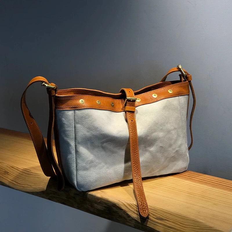 vintage canvas leather large shoulder bag 4
