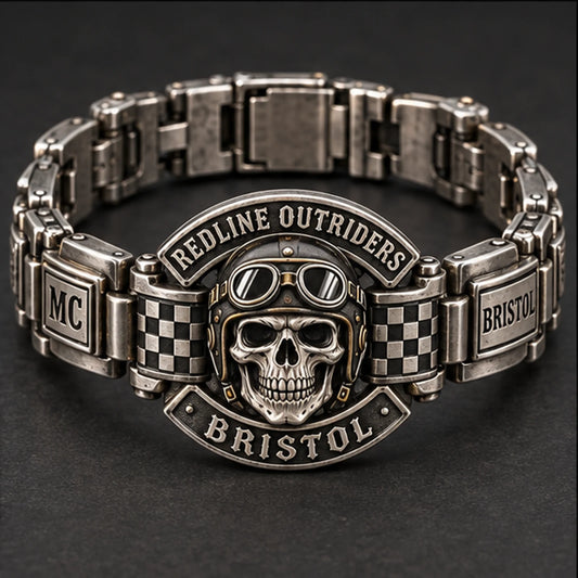 Redline Outriders Bristol chapter identity bracelet with helmet skull and checker links