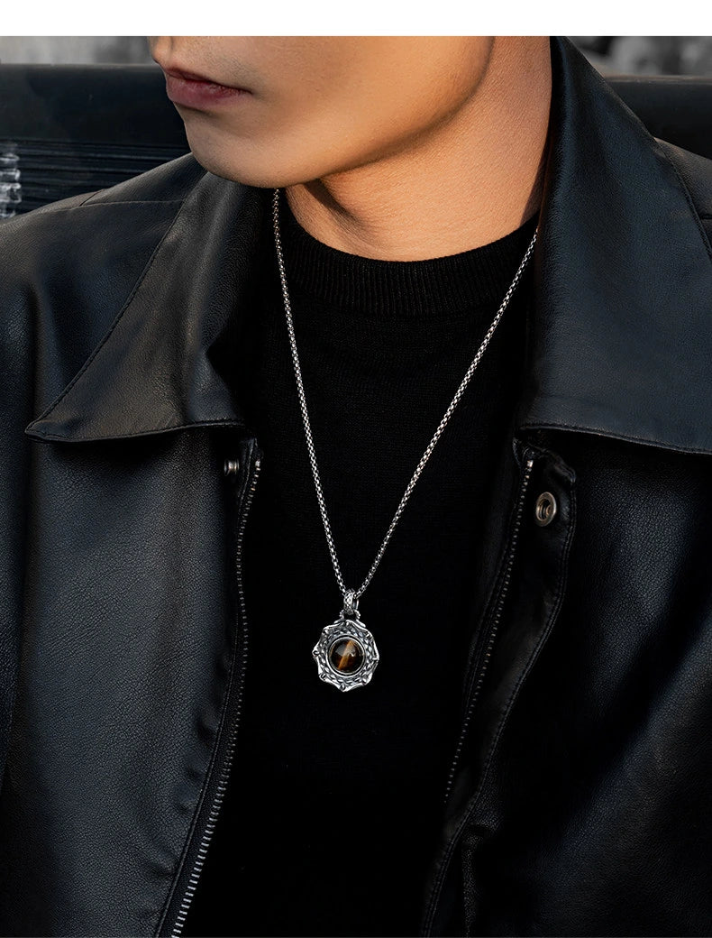 Rotating Tiger Eye Dragon Scale Sterling Silver Biker Pendant — lifestyle detail view 4