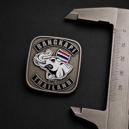Compact 0.75 inch motorcycle club recognition pin; clean conventional rounded square silhouette with a solid one-piece metal backplate.