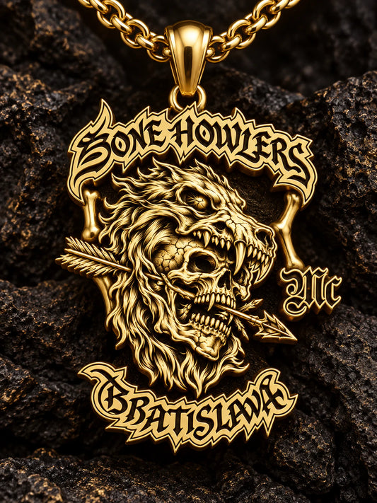 Bold solid 18K gold motorcycle club beast pendant derived from Bone Howlers Bratislava.