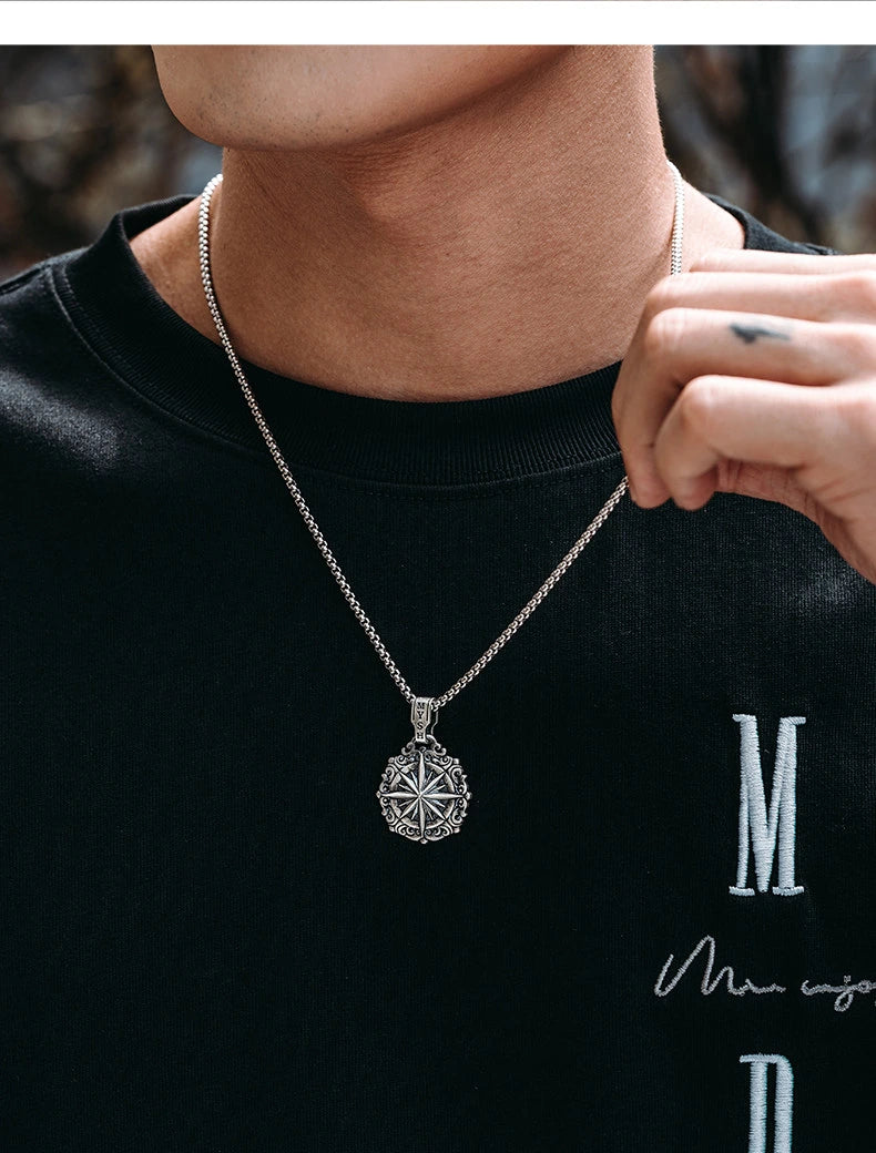 Starburst Compass Sterling Silver Biker Pendant — product detail view 4