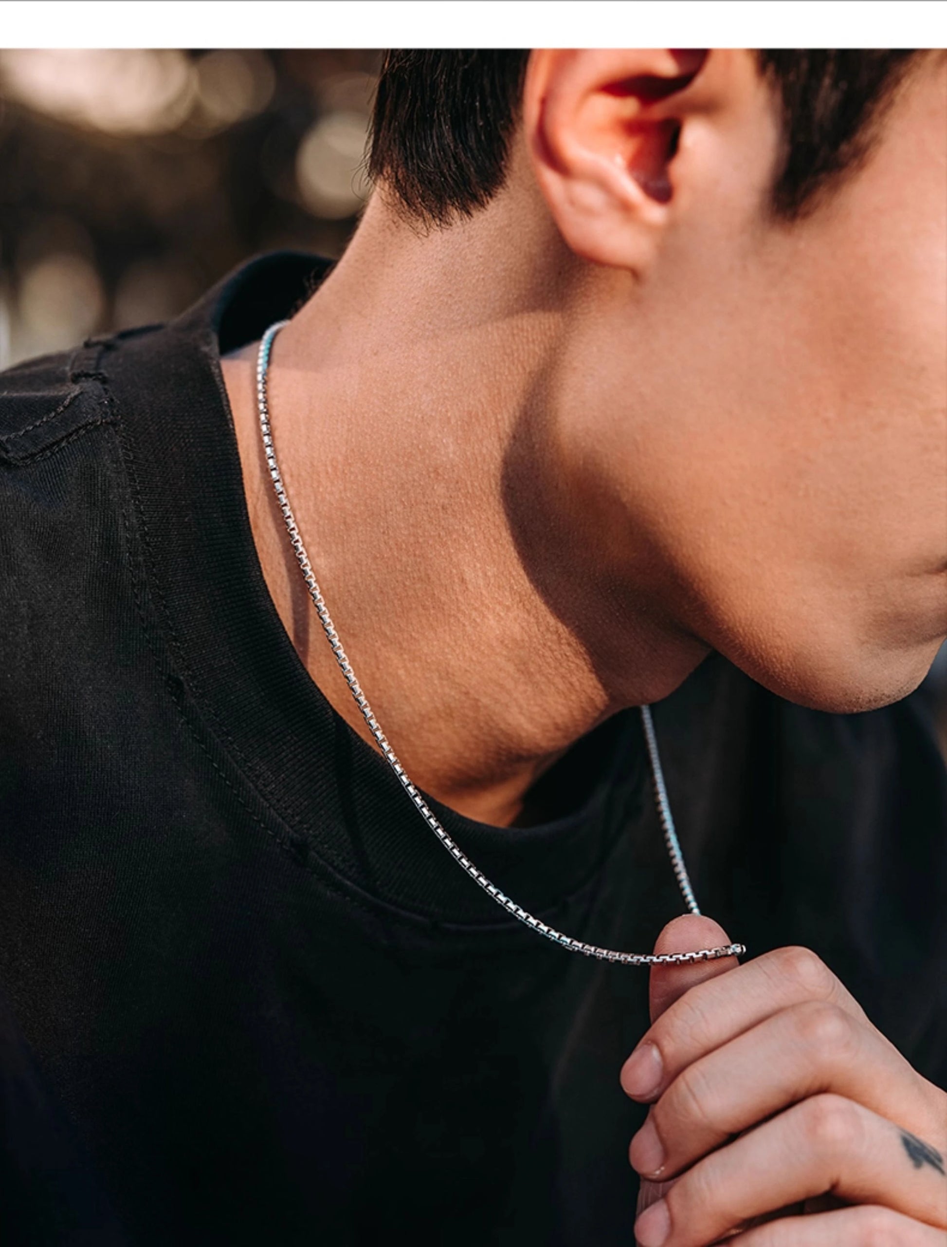 Sterling Silver Box Chain Biker Necklace — product detail view 4