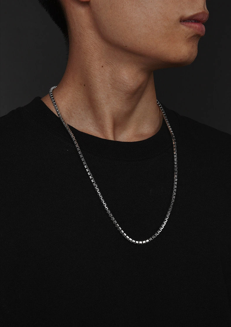 Thick Sterling Silver Box Chain Biker Necklace — product detail view 4