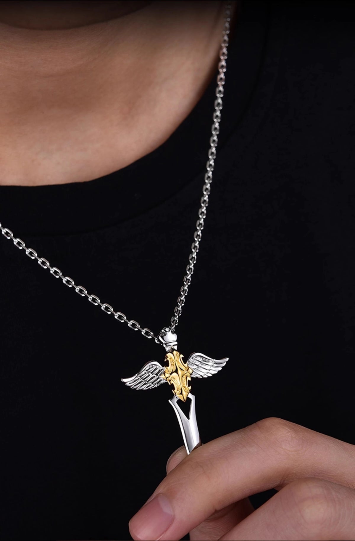 Two-Tone Angel Wing Cross Sterling Silver Biker Pendant — product detail view 4