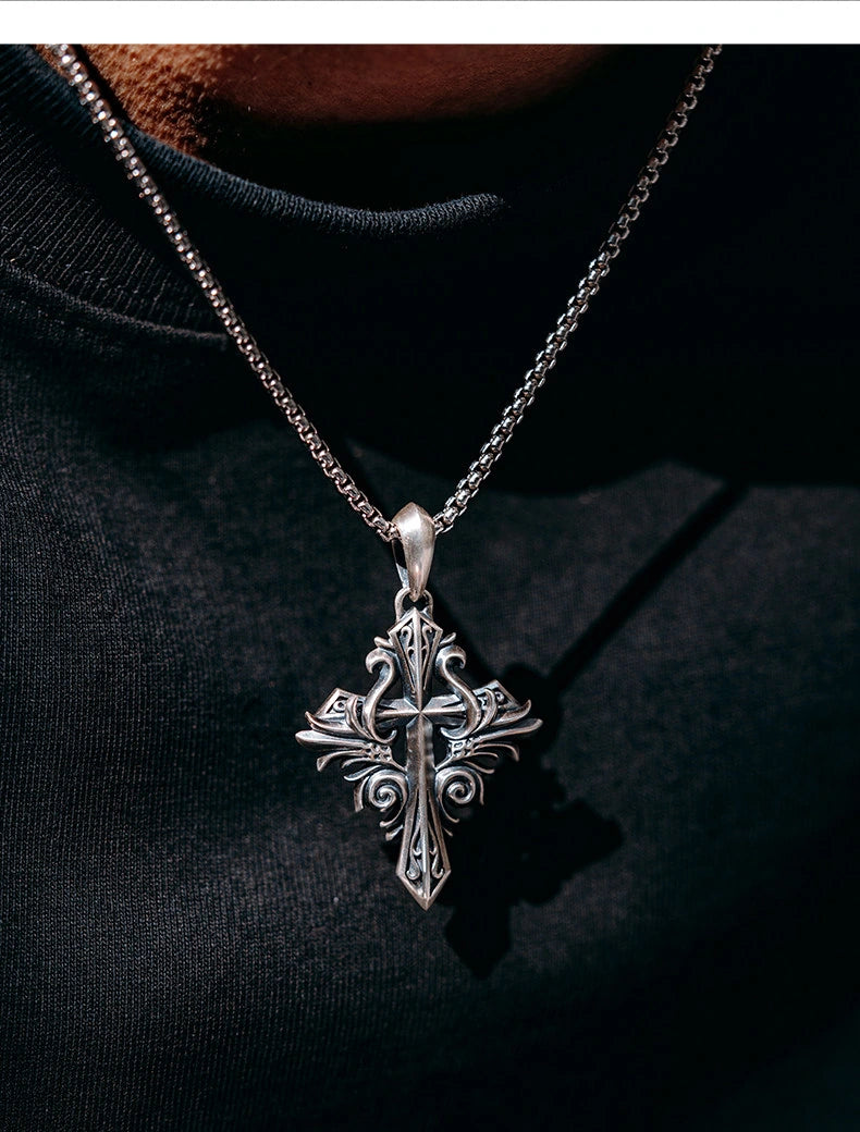 Vintage Fleur-de-Lis Cross Sterling Silver Biker Pendant — product detail view 4