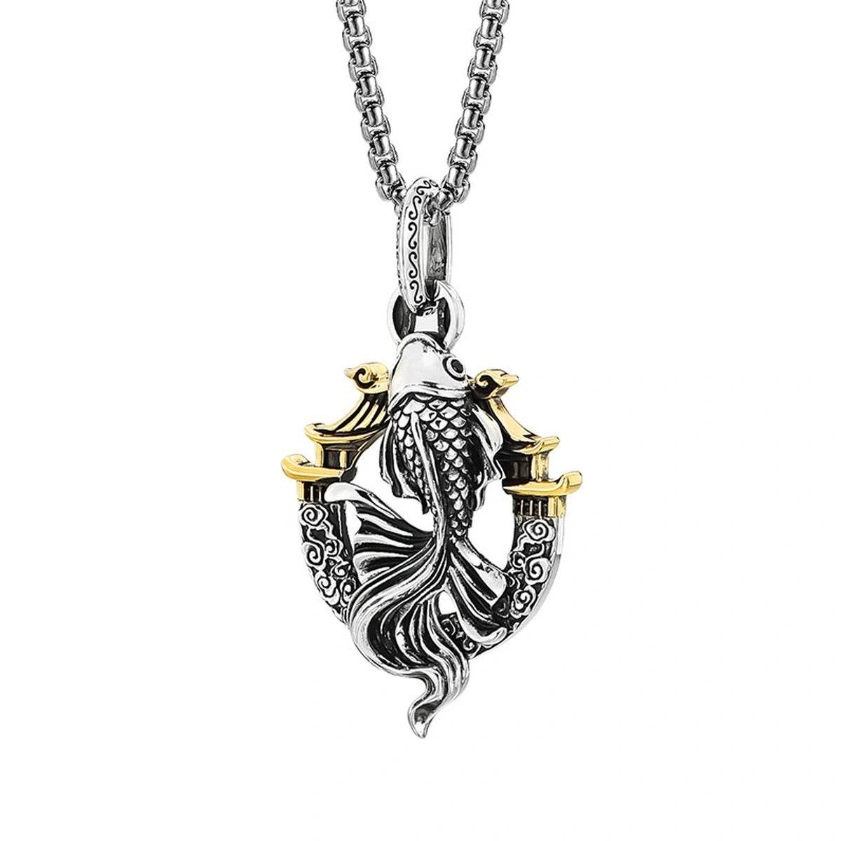 3D Koi Dragon Gate Sterling Silver Biker Pendant — front relief detail view