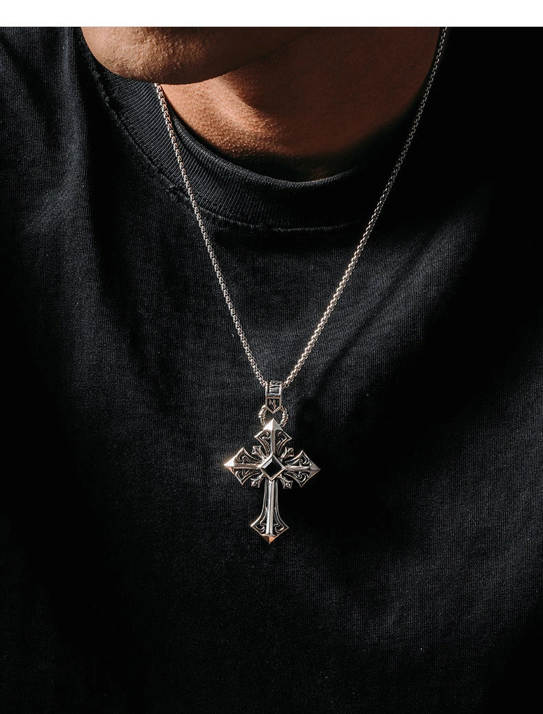 Black Onyx Large Cross Sterling Silver Biker Pendant — product detail view 5