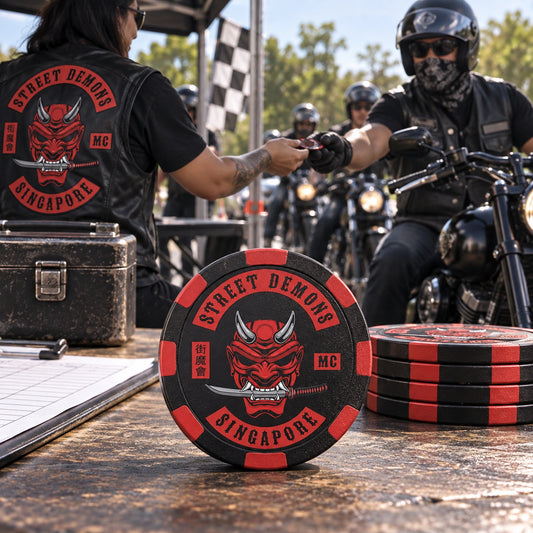 Solid custom poker-run chip used at a motorcycle charity ride checkpoint.