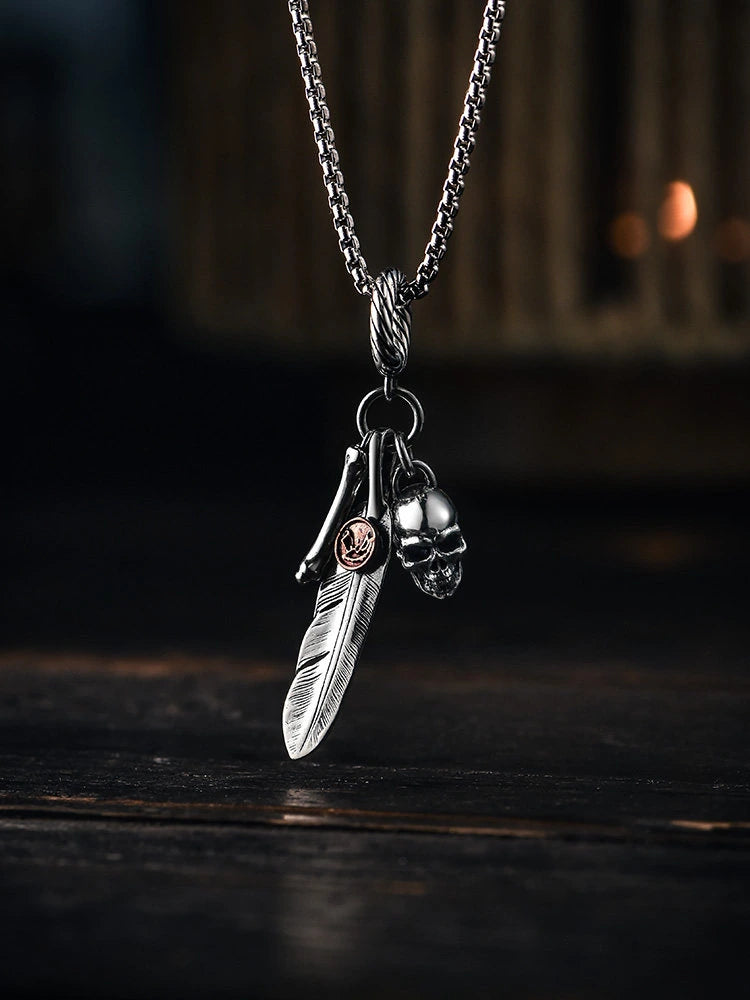 Feather Skull Sterling Silver Biker Pendant — product detail view 5