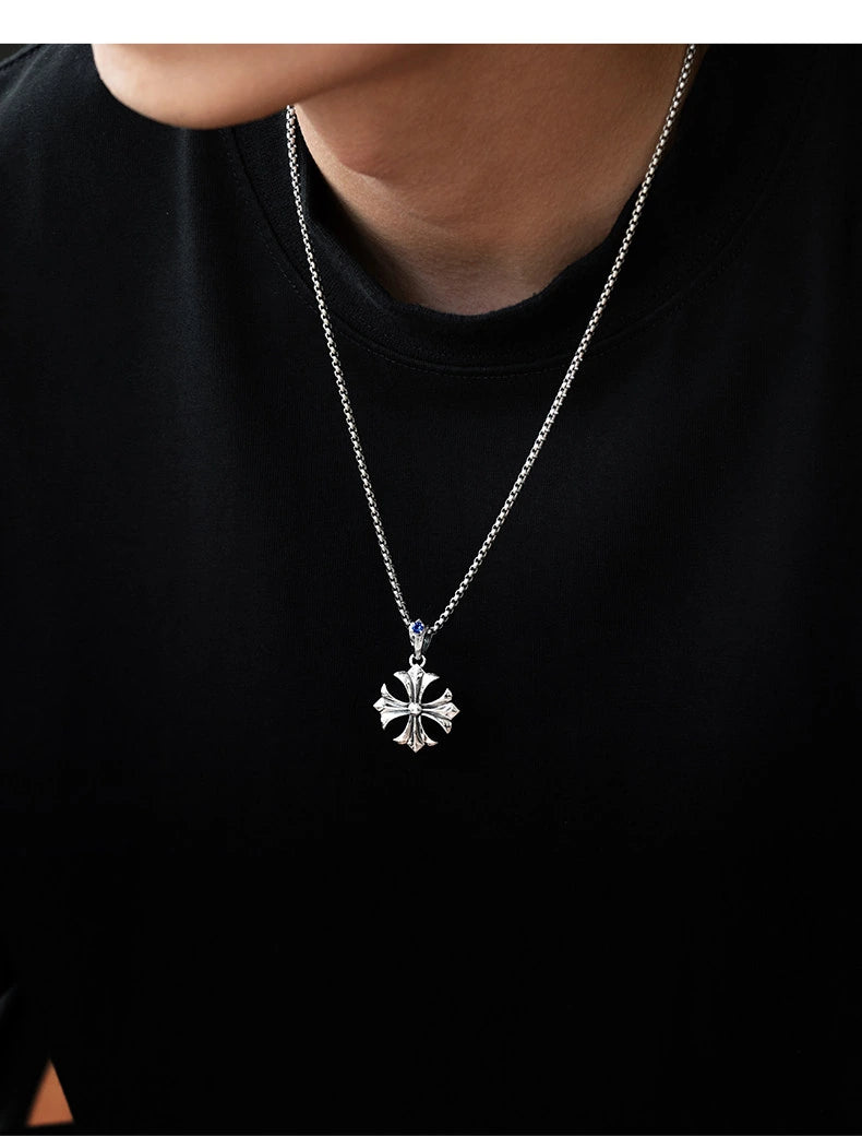 Fleur Cross Sterling Silver Biker Pendant — lifestyle detail view 5