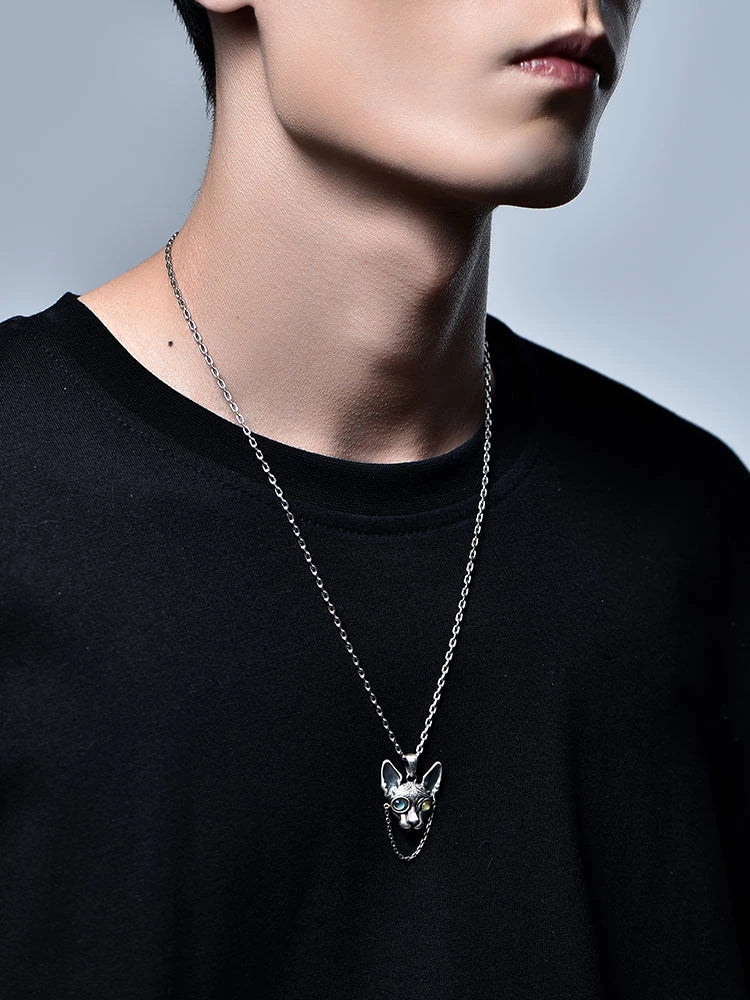 Mechanical Sphynx Cat Sterling Silver Biker Pendant — product detail view 5