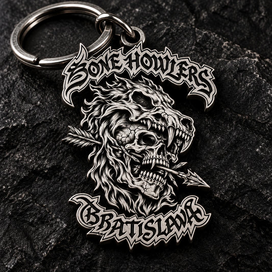 Antique silver motorcycle club logo keychain with raised monochrome relief and a heavy split ring.