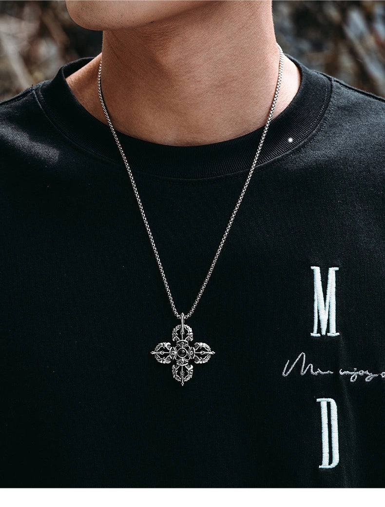 Micro-Engraved Vajra Cross Sterling Silver Biker Pendant — product detail view 5