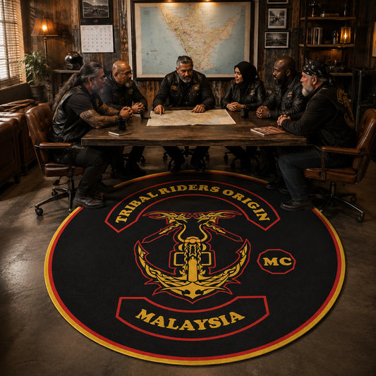 A round motorcycle club rug anchors a chapter meeting room.