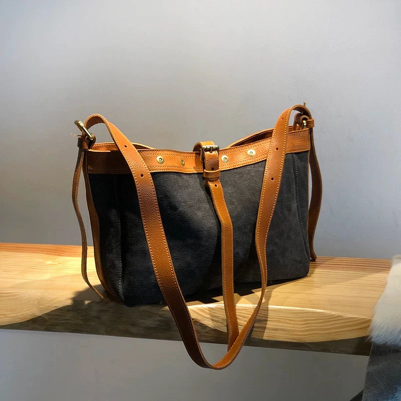 vintage canvas leather large shoulder bag 5