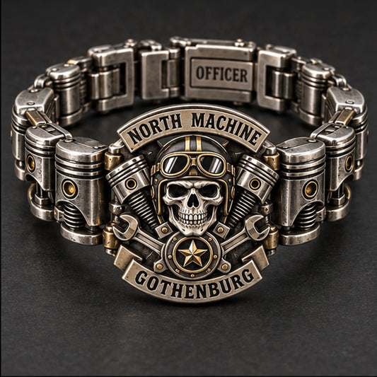 North Machine Gothenburg officer bracelet with mechanical skull and piston links