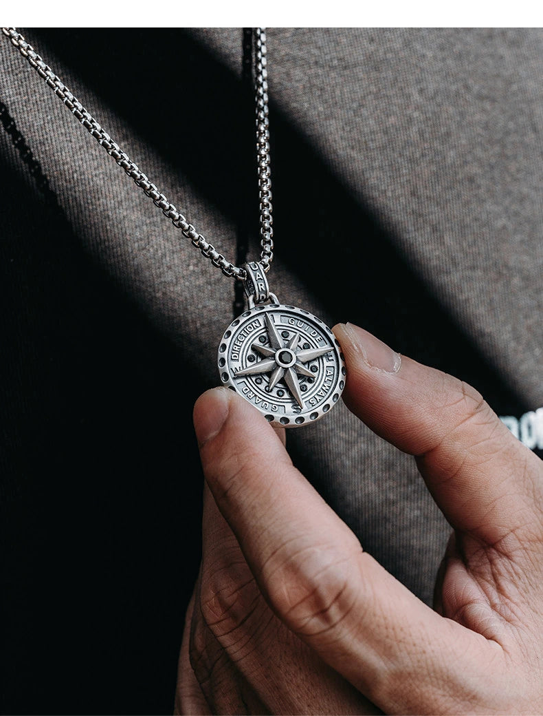 Rotating Compass Sterling Silver Biker Pendant — lifestyle detail view 5