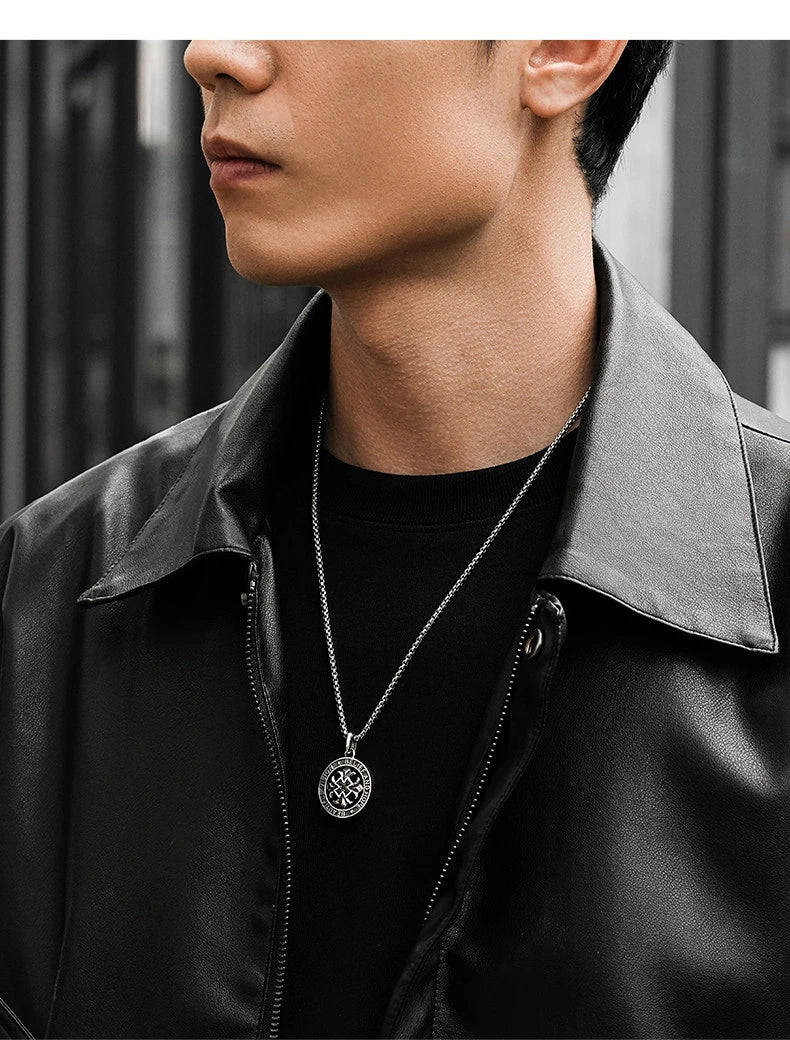 Rotating Fleur Cross Ring Sterling Silver Biker Pendant — lifestyle detail view 5