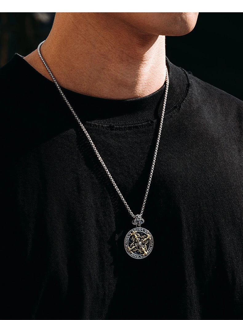Rotating Mantra Vajra Sterling Silver Biker Pendant — lifestyle detail view 5