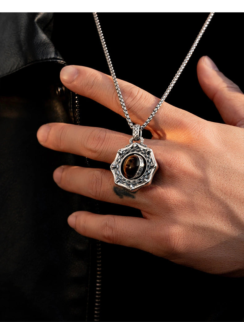 Rotating Tiger Eye Dragon Scale Sterling Silver Biker Pendant — lifestyle detail view 5