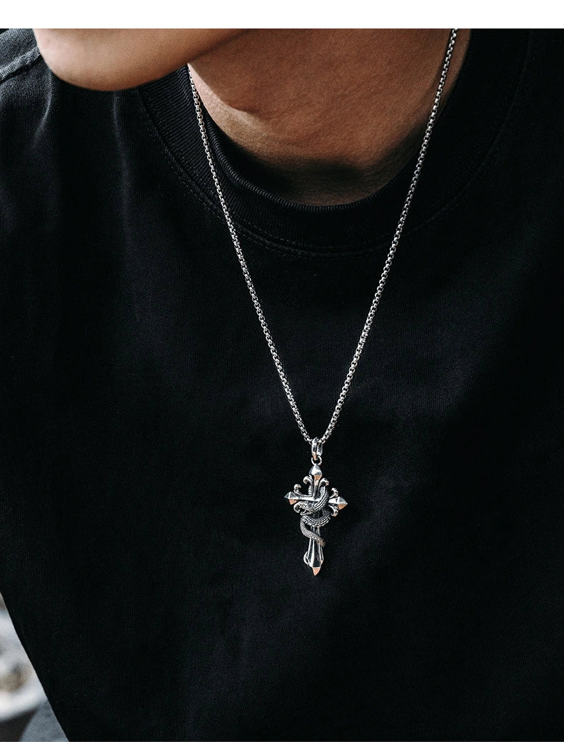 Serpent Fleur-de-Lis Sterling Silver Biker Pendant — lifestyle detail view 5